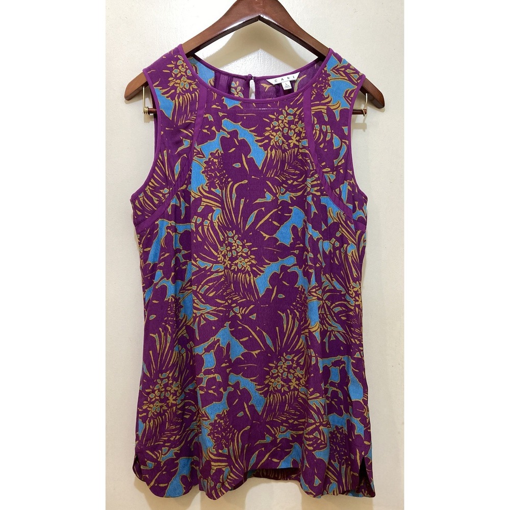 Cabi Top Womens Floral Tropical Sleeveless Top L Purple Blue Island Beach Summer